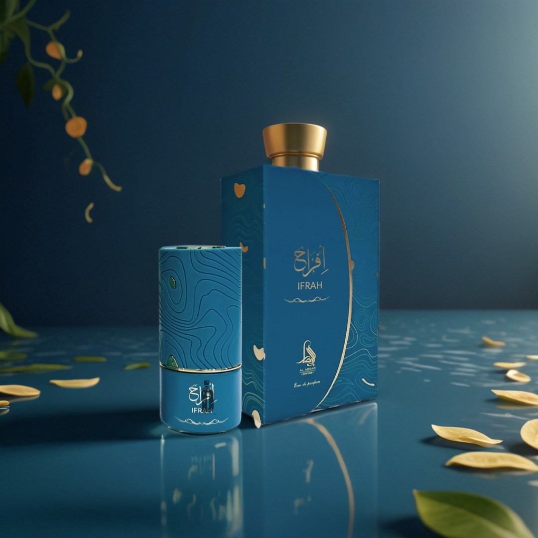 A blue bottle and box of Al Absar’s Ifrah 100ml EDP, with gold accents, are shown on a blue surface among yellow leaves, with a green-leafed branch above. Inspired by Ifrah Al Absar.