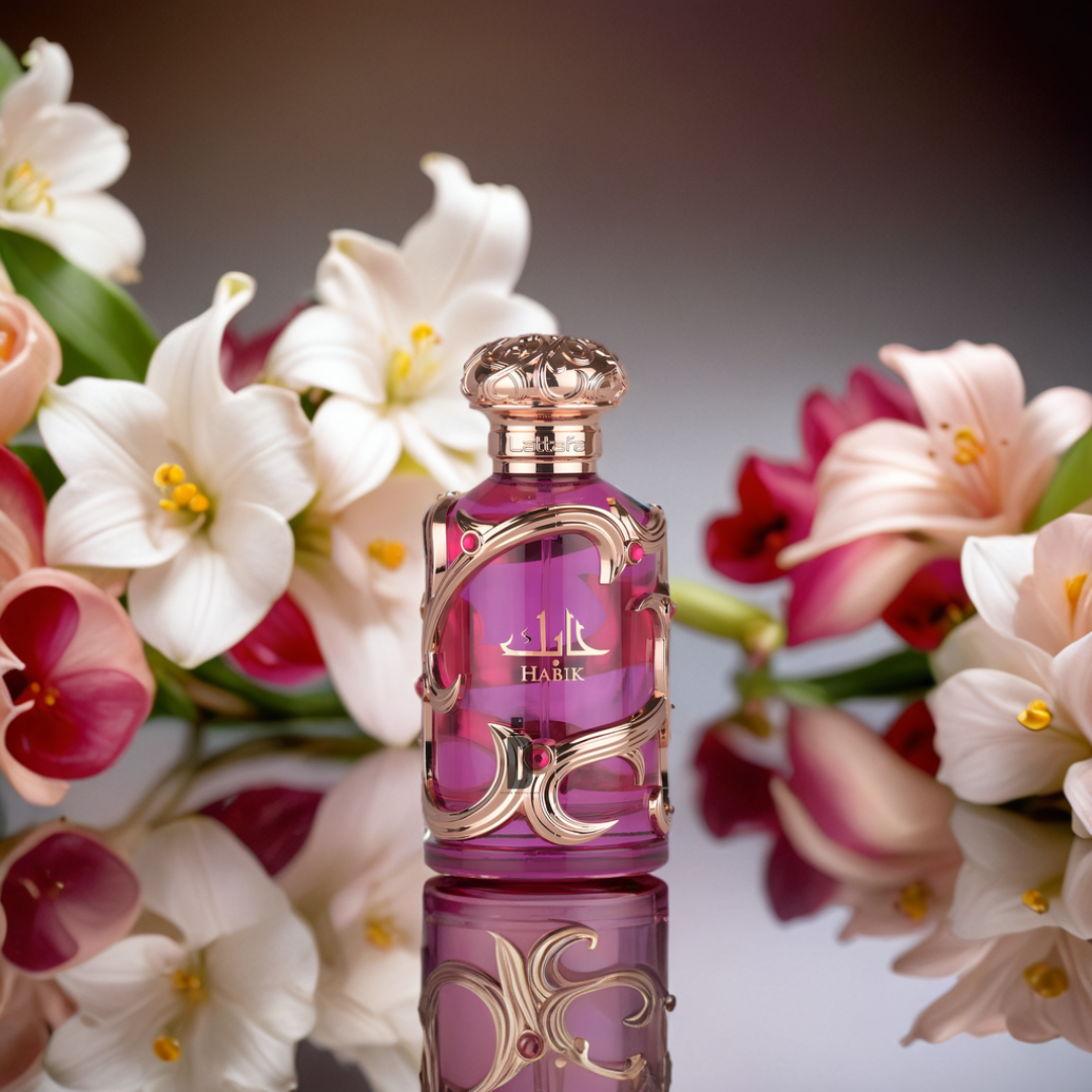The Habik Women 100ml EDP by Lattafa features a decorative pink bottle with gold accents, set on a reflective surface amid blooming white and pink lilies, capturing the elegance of this Lattafa fragrance.