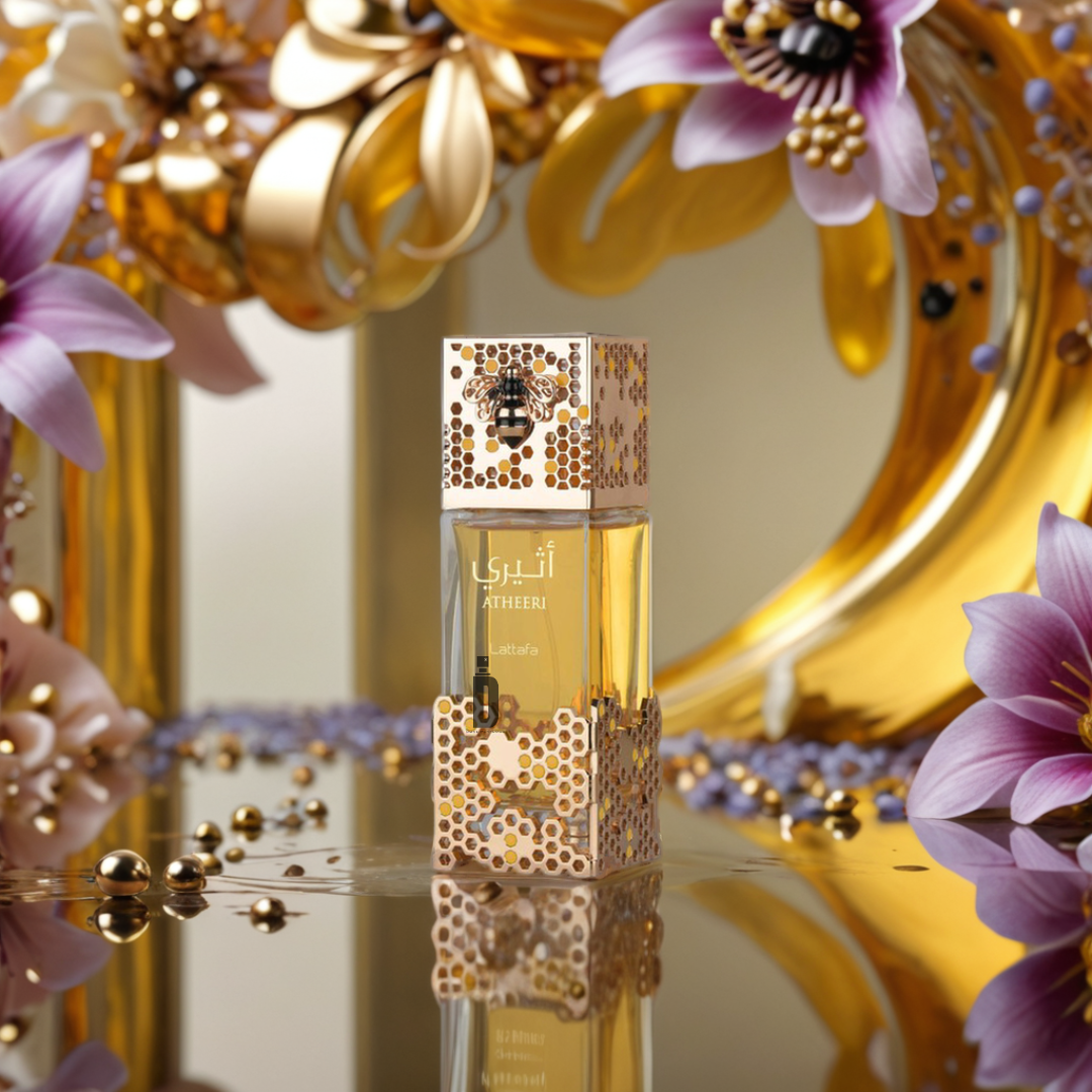 A gold and clear Atheeri 100ml EDP bottle by Lattafa stands on a reflective surface, accented with pink and purple flowers, gold decor, and scattered gold beads for an elegant, luxurious look that captures the allure of this exotic fragrance.