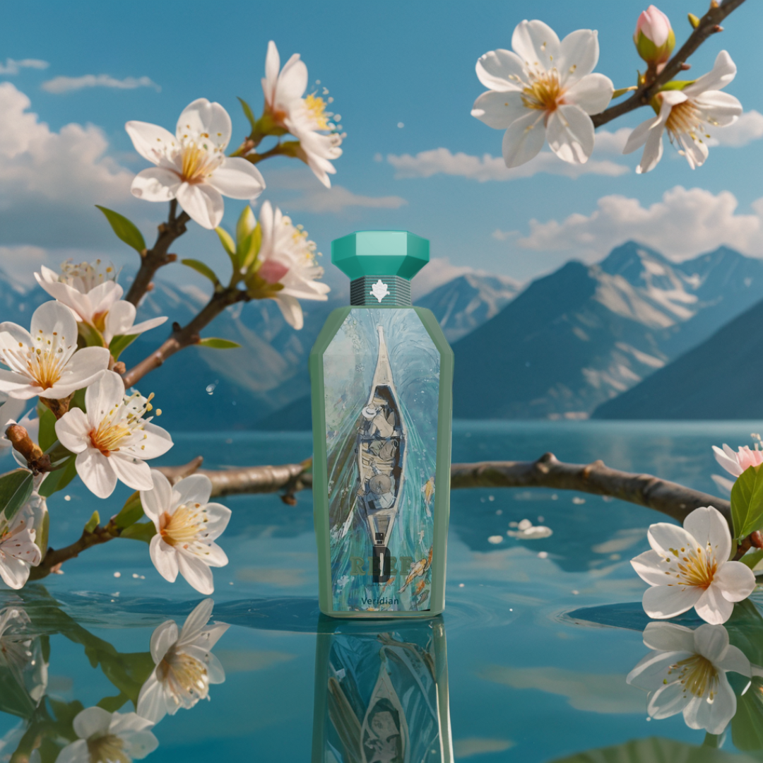 The Veridian 150ml EDP by Reef stands on a reflective surface, surrounded by blooming white flowers and almond blossom, with a mountain lake and snow-capped peaks in the background.