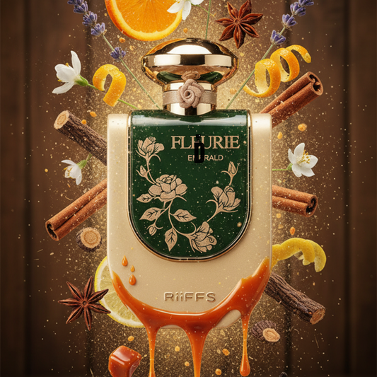 The Riiffs Fleurie Emerald 100ml EDP features a gold-capped bottle with floral designs. Surrounded by orange slices, cinnamon, vanilla bean, flowers, and caramel, it promises a rich, captivating fragrance.