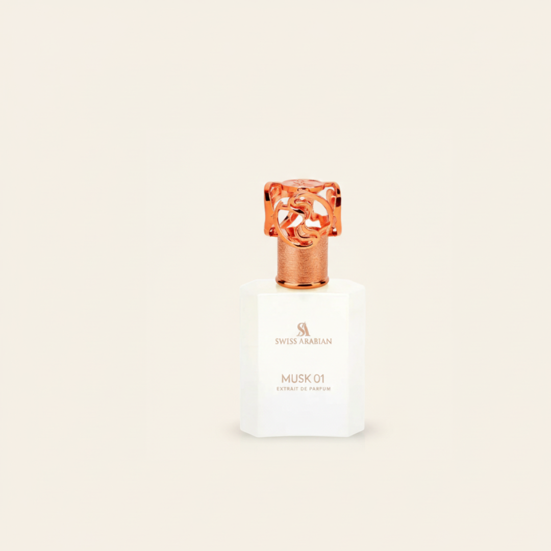 The Swiss Arabian Musk 01 50ml EDP, a white bottle with a rose gold cap on a beige background, captures a refined musk fragrance.