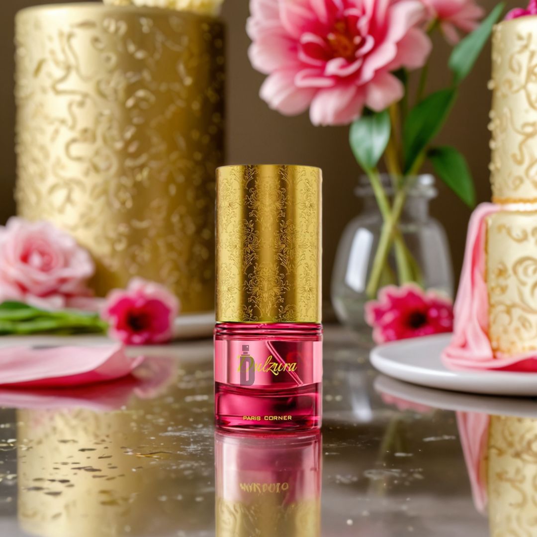 A pink and gold bottle of Dulzura 100ml EDP by Paris Corner rests on a reflective surface, surrounded by ornate gold cakes and pink flowers, capturing the elegant allure of a gourmand perfume in a festive setting.