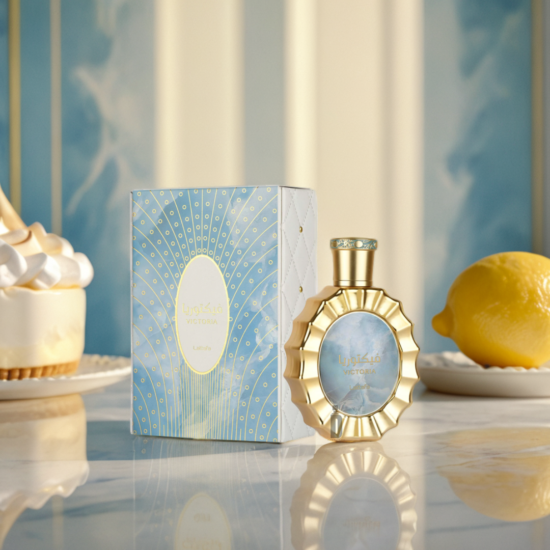 A gold and blue "Victoria 100ml EDP" perfume bottle by Lattafa stands next to its matching decorative box, with a lemon meringue pie and a whole lemon in the background on a marble surface.