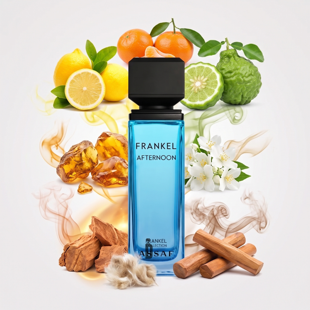 A blue bottle labeled “Frankel Beach Afternoon 100ml EDP - Assaf” by Assaf is surrounded by citrus fruits, white flowers, amber, wood, and wisps of smoke, suggesting its diverse fragrance notes. This beach scent evokes a refreshing coastal atmosphere with subtle hints of sandalwood woven throughout its composition.