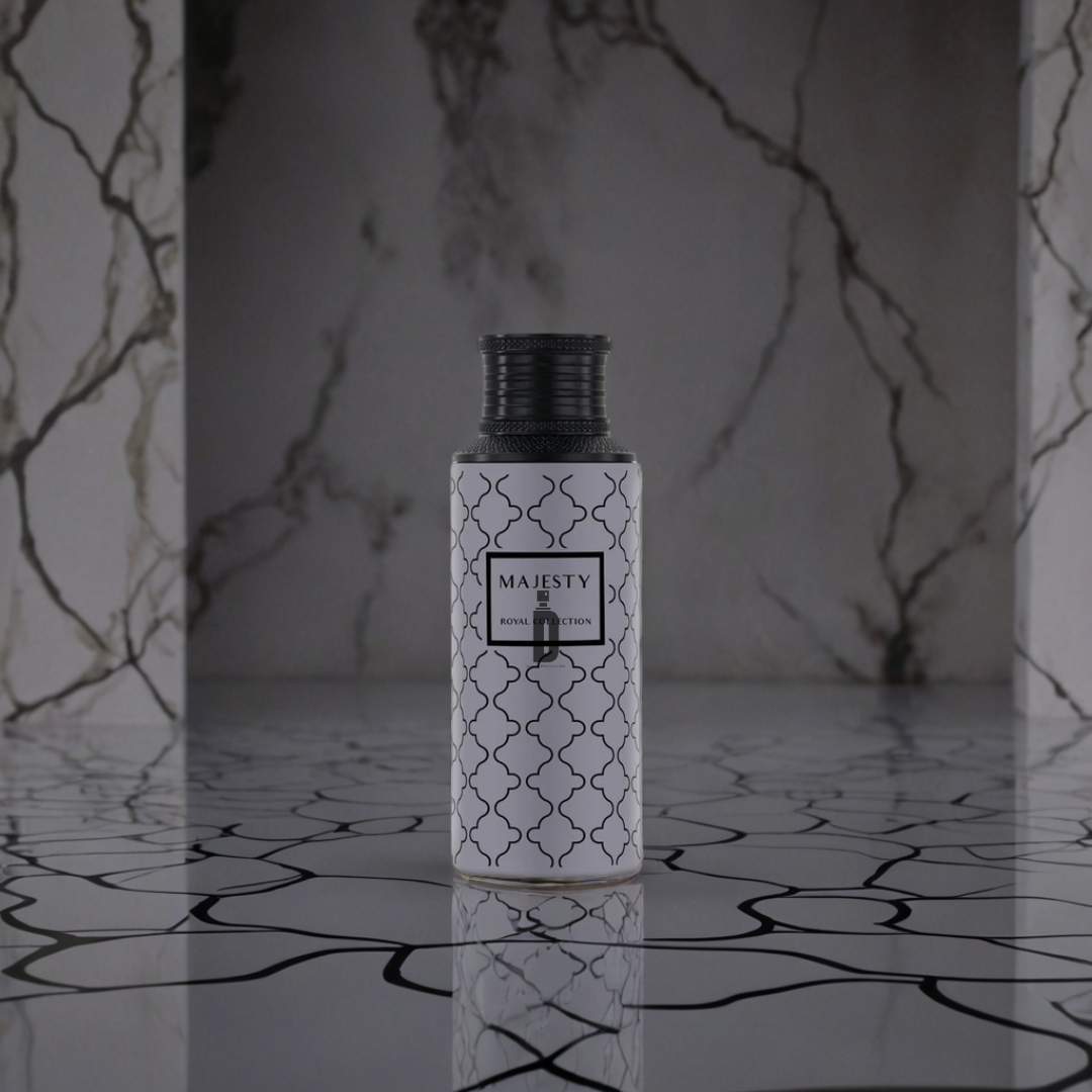 A white bottle with a black geometric pattern labeled "Majesty 100ml EDP - Maison Asrar" by Gulf Orchid stands upright on a glossy, marble-like surface, evoking its refined fragrance and elegant woody base.