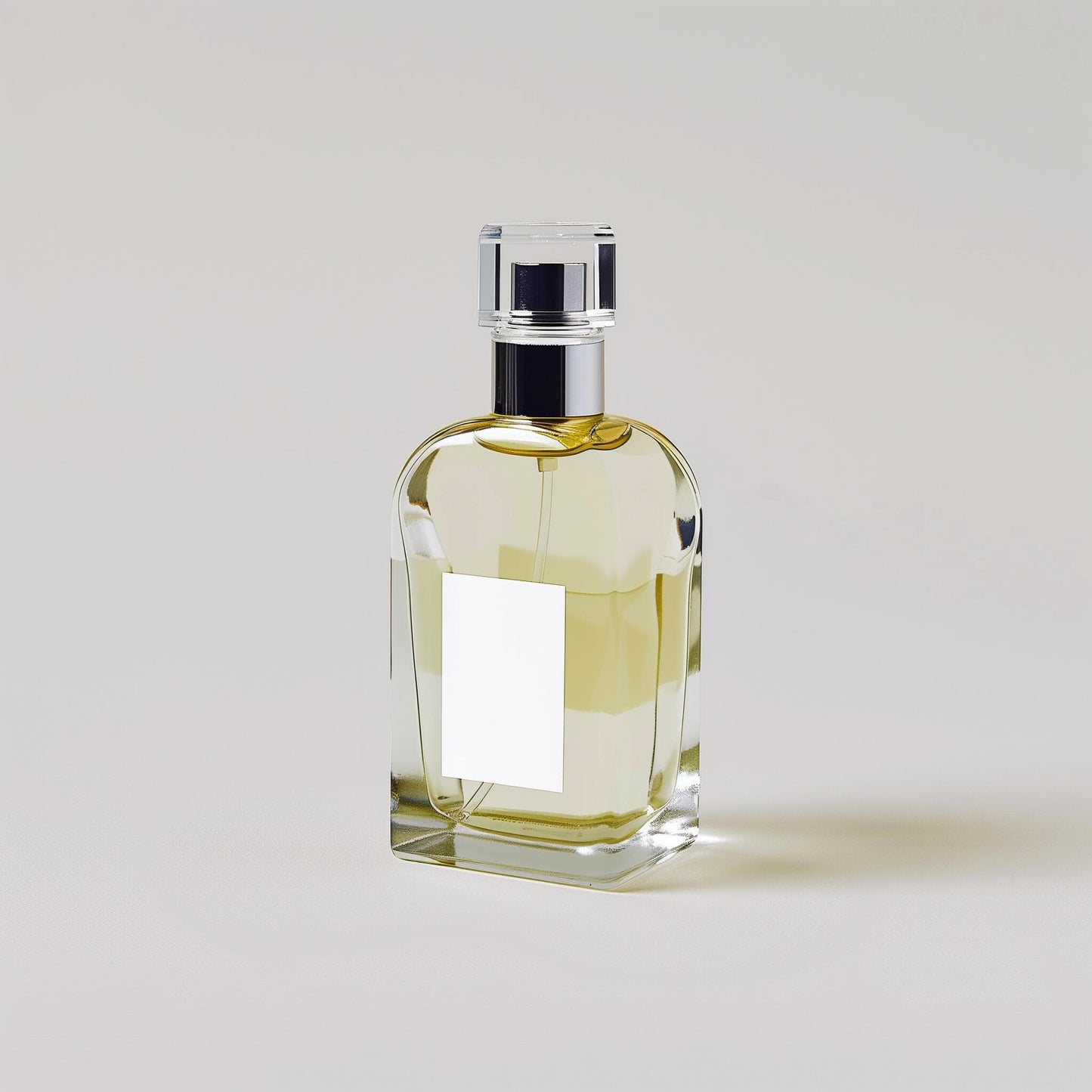 A clear glass bottle of "Example product" by Dune Perfumes, with a shiny silver cap and light yellow liquid, stands upright on a plain light background. A blank white label is displayed on the front of the bottle.