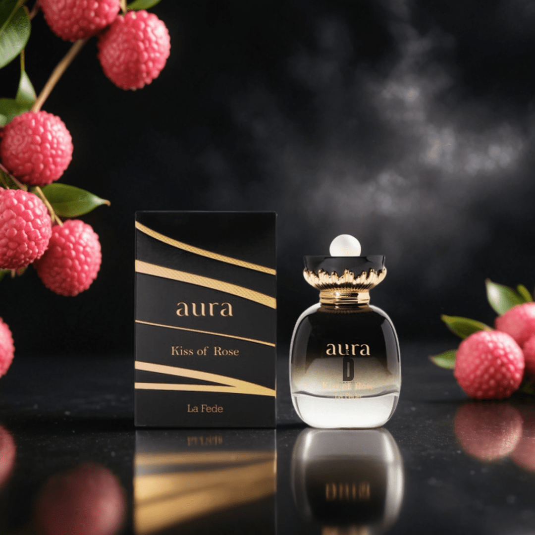 La Fede Aura Kiss Of Rose 100ml EDP by Khadlaj is elegantly displayed with fresh lychee and green leaves, highlighting the floral sophistication of this feminine perfume on a glossy black surface.