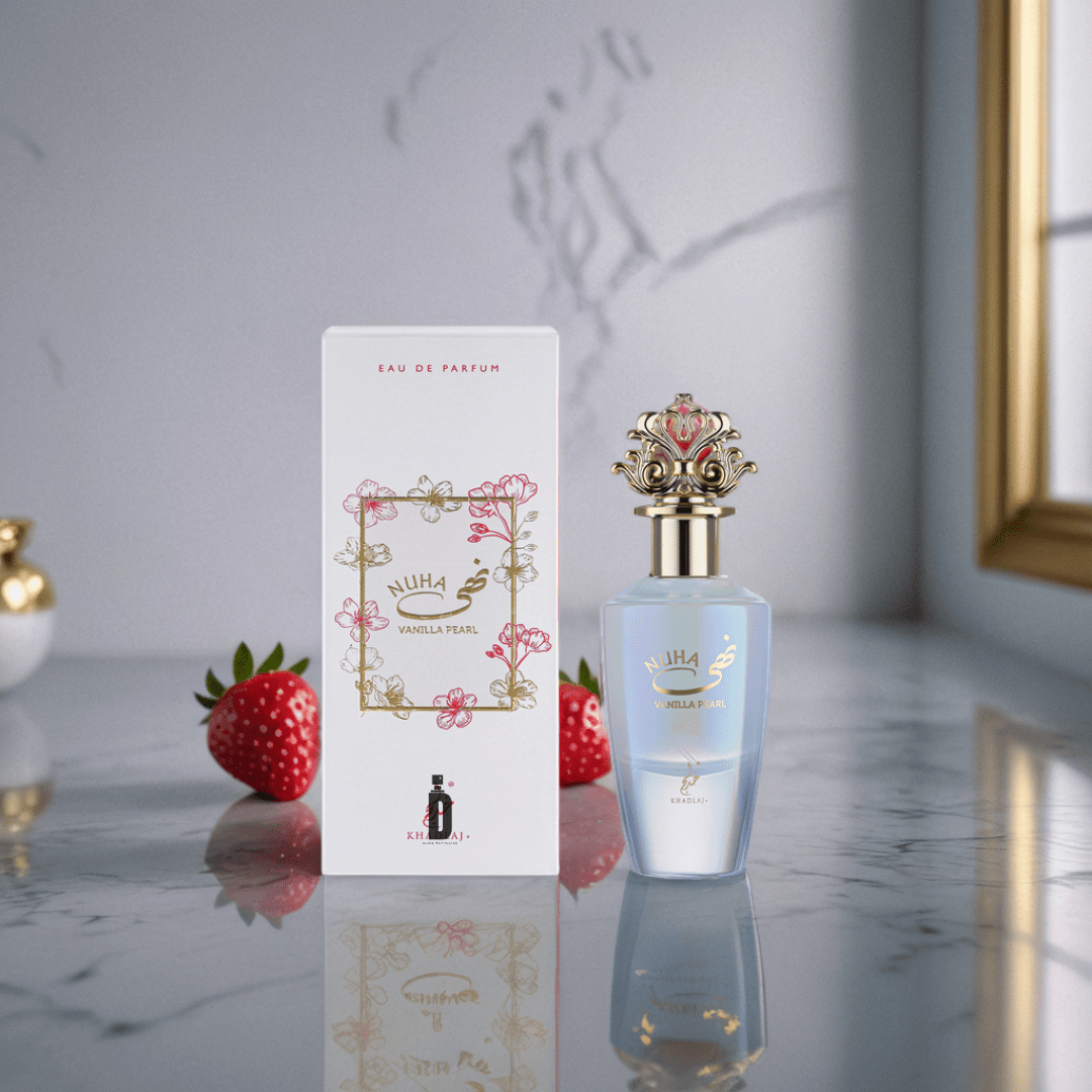 The Khadlaj Nuha Vanilla Pearl 85ml EDP stands elegantly beside its ornate box on marble, with two strawberries nearby and a blurred golden mirror in the background, highlighting the perfume’s feminine allure.