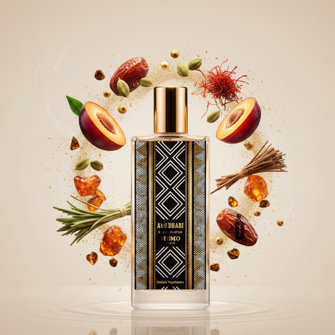 The Memo Paris Abu Dhabi 100ml EDP bottle with a gold cap stands upright, surrounded by plums, amber, cardamom, cinnamon, saffron, and green leaves—evoking the rich notes of this luxurious Middle Eastern fragrance.