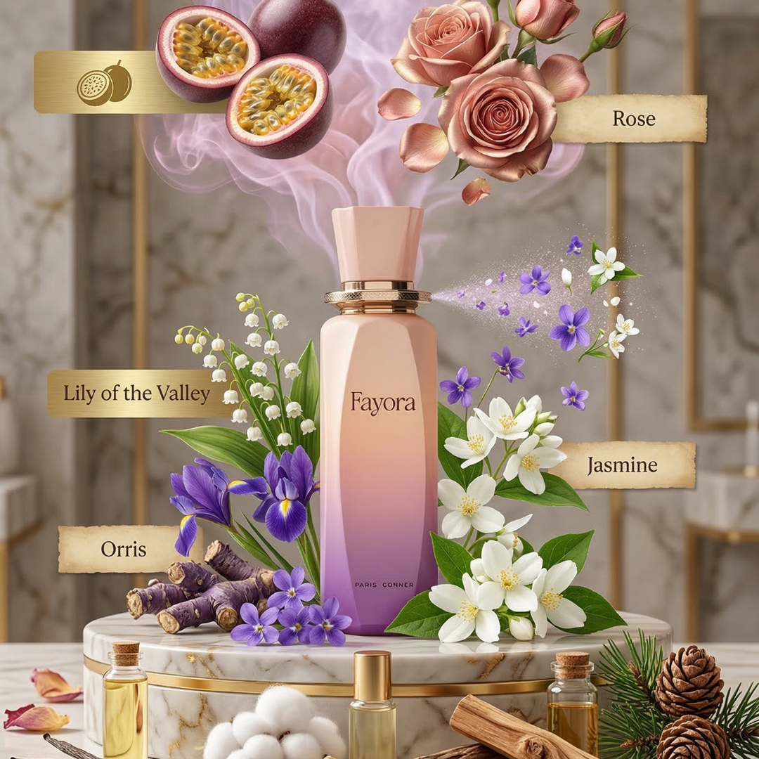 The Fayora 100ml EDP by Paris Corner stands on marble, surrounded by illustrated passion fruit, rose, lily of the valley, jasmine, orris root, and pinecones—all set against an elegant blurred backdrop to evoke a radiant floral fragrance.