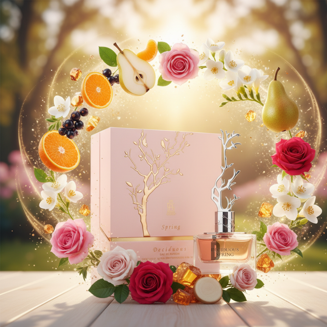 The Deciduous Spring 100ml EDP by Aurora Scents is a pink perfume gift set with floral and fruity hints of rose, pear, and orange—arranged in a glowing circle on wood. Perfect as a fresh spring or light daytime scent that evokes luxurious freshness.