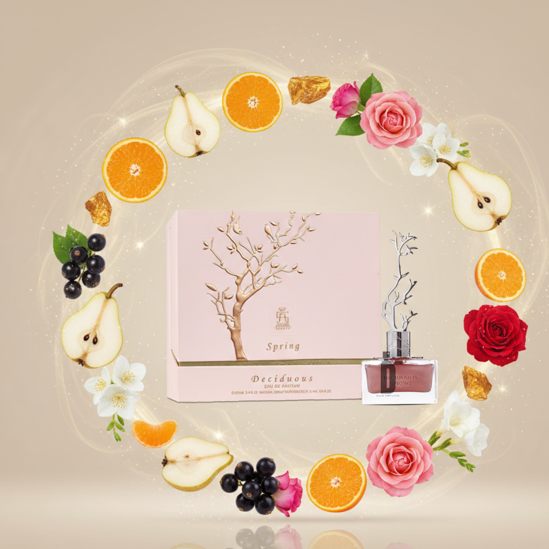 The Deciduous Spring 100ml EDP by Aurora Scents is showcased with its pink bottle and box, encircled by fruit slices, flowers, and leaves on a beige background for a fresh, elegant spring-inspired look.