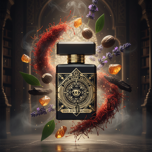 The Oud For Greatness 90ml EDP by Initio Parfums Prives stands out in a black and gold bottle, surrounded by saffron, amber, lavender, nutmeg, sandalwood, and agarwood—set against an elegant backdrop of mystique and luxury.