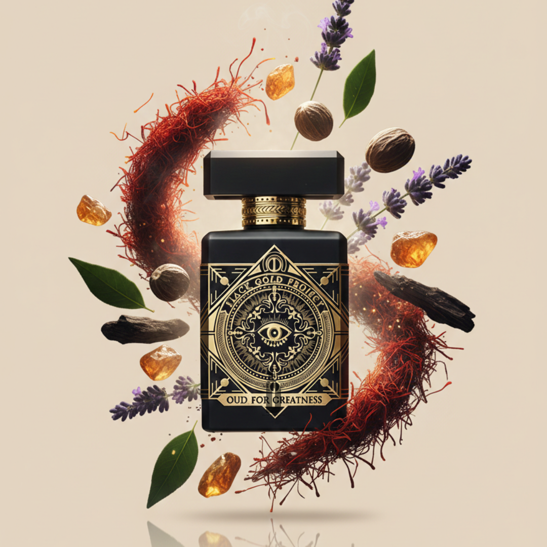 The Oud For Greatness 90ml EDP by Initio Parfums Prives, in a luxurious black and gold bottle, is showcased with saffron, nutmeg, amber, lavender, agarwood, and green leaves on a light beige background—a true luxury scent.
