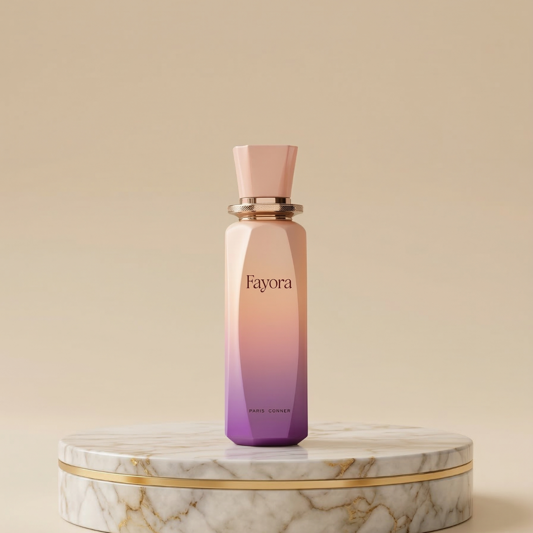 A tall, elegant Fayora 100ml EDP by Paris Corner with a pink-to-purple gradient and gold cap sits on a round marble platform with gold trim, its stunning design reflecting the radiant fragrance within.
