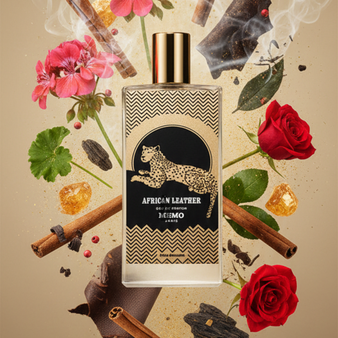 The African Leather 75ml EDP by Memo Paris stands at the center, surrounded by roses, cinnamon sticks, smoke, chocolate pieces, gold nuggets, and red flowers—a vibrant tribute to its rich leather scent against a colorful backdrop.