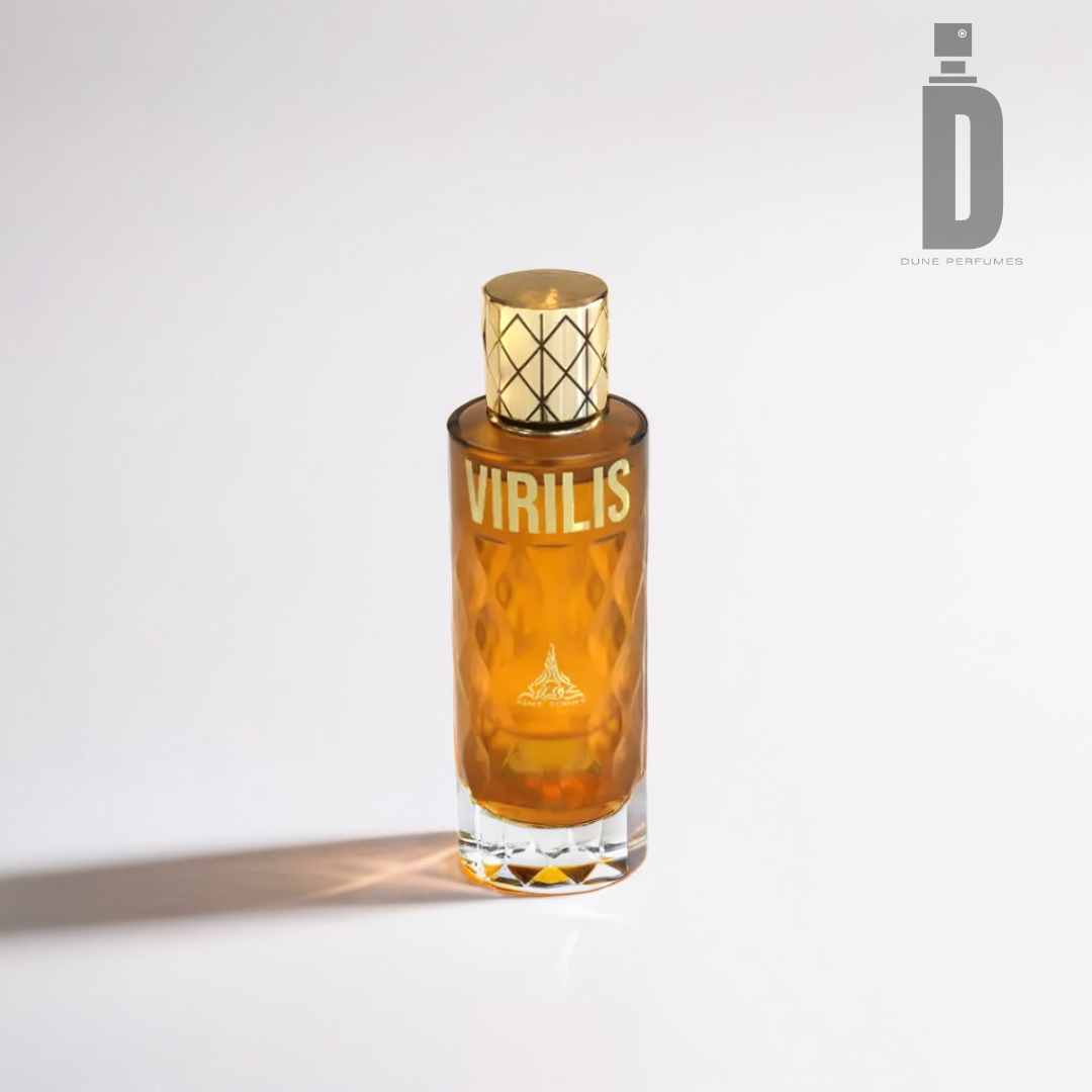 A brown glass perfume bottle labeled "Virilis 100ml EDP - Paris Corner" with a gold patterned cap promises a bold fragrance. The bottle casts a shadow on a white surface. The logo "Paris Corner" appears in the top right corner, hinting at the dynamic fragrance within.