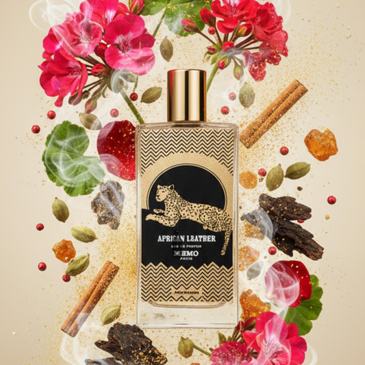 The African Leather 75ml EDP by Memo Paris sits among red flowers, green leaves, cardamom pods, cinnamon sticks, wood, and aromatic smoke on a beige background, capturing the essence of its leather fragrance.