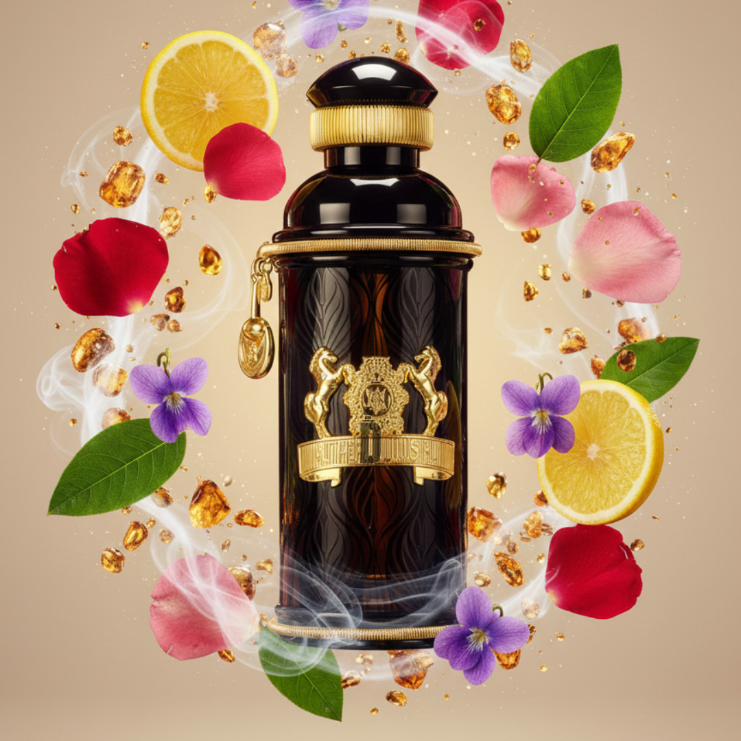 The Black Muscs 100ml EDP by Alexandre.J features a sleek black bottle with gold accents, surrounded by rose petals, violets, lemon slices, and amber—reflecting its refined scent—all enveloped in delicate white mist.