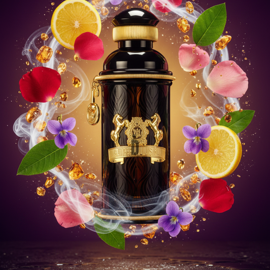 The Black Muscs 100ml EDP by Alexandre.J stands amid swirling smoke, red rose petals, violets, green leaves, amber crystals, and orange slices on a dark backdrop—an image of true sophistication.