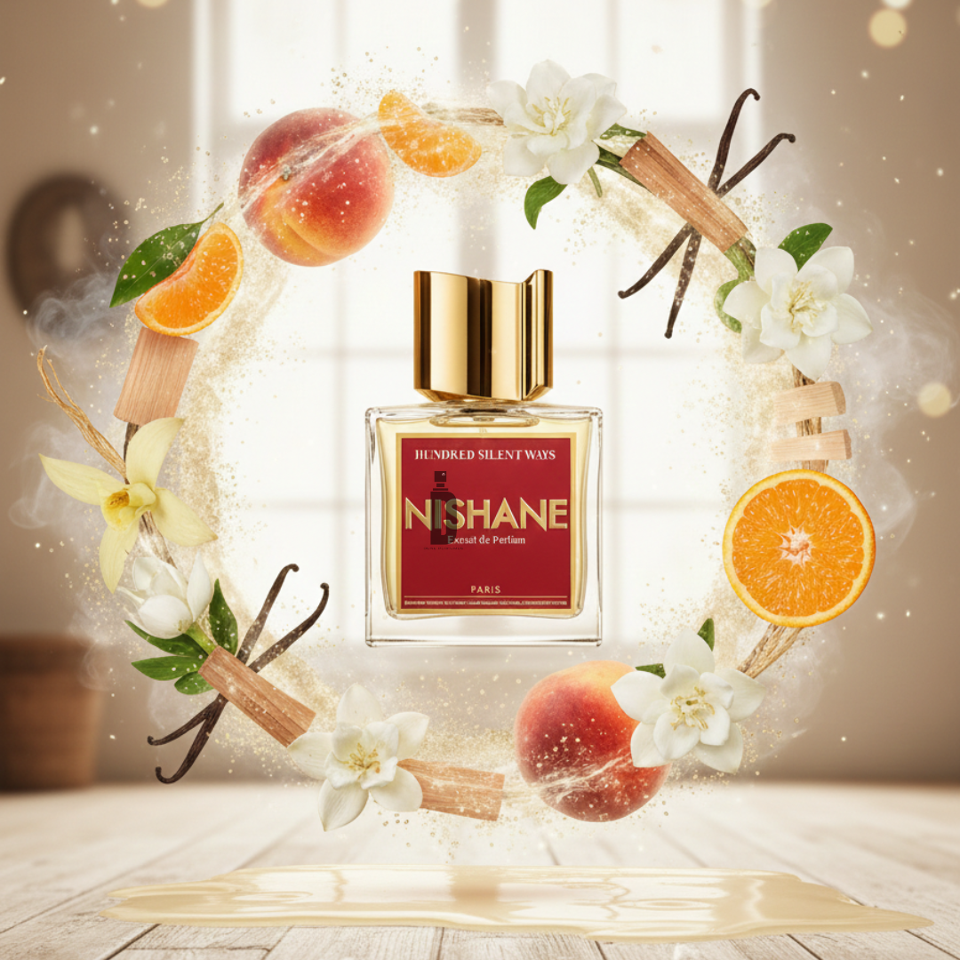 Hundred Silent Ways 100ml EDP by Nishane sits on a wooden surface, surrounded by floating oranges, peaches, vanilla pods, sandalwood, and white flowers—an elegant fragrance radiating luxury and freshness.