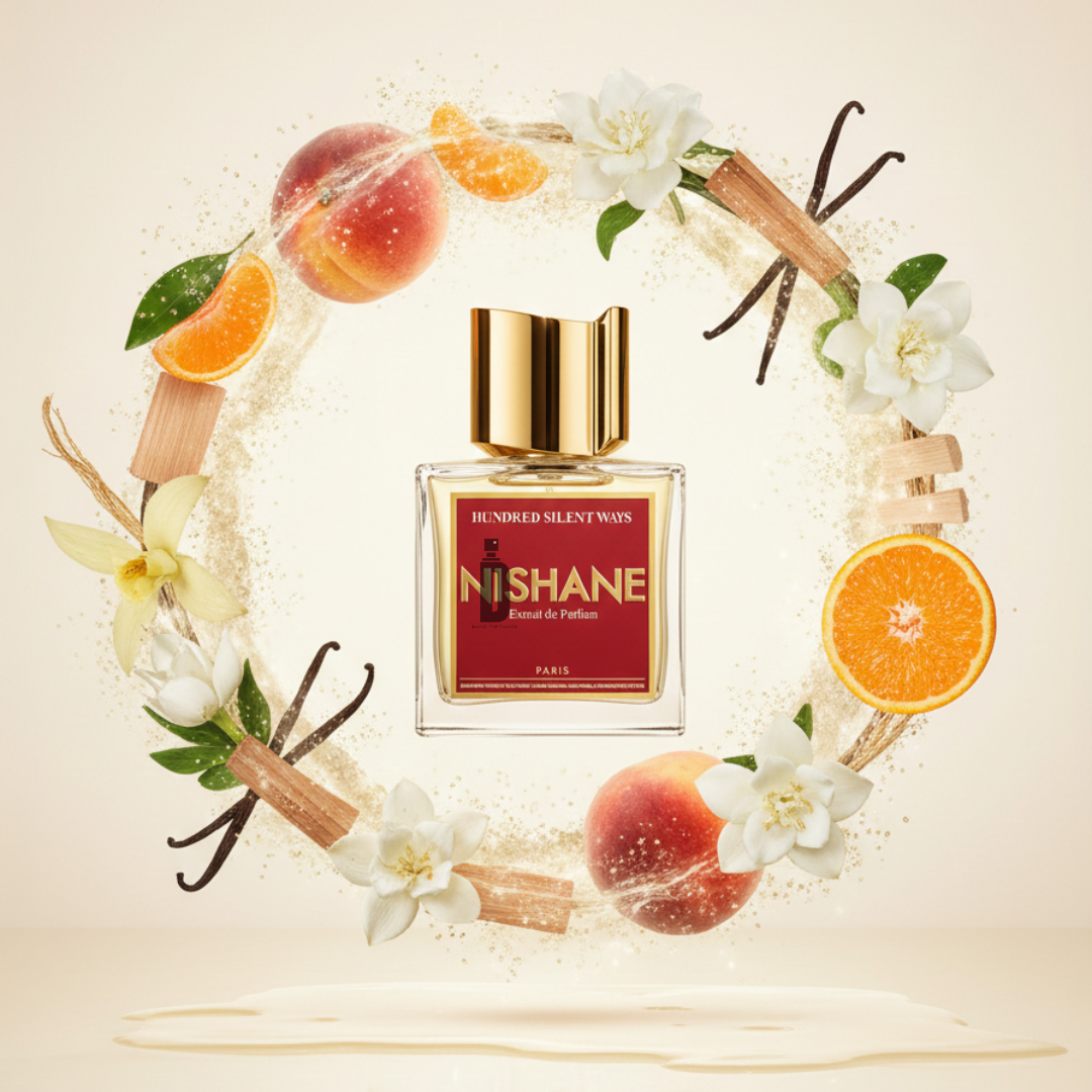 The Hundred Silent Ways 100ml EDP by Nishane sits amid a circle of vanilla flowers, peach halves, orange slices, and sandalwood pieces on a creamy background.