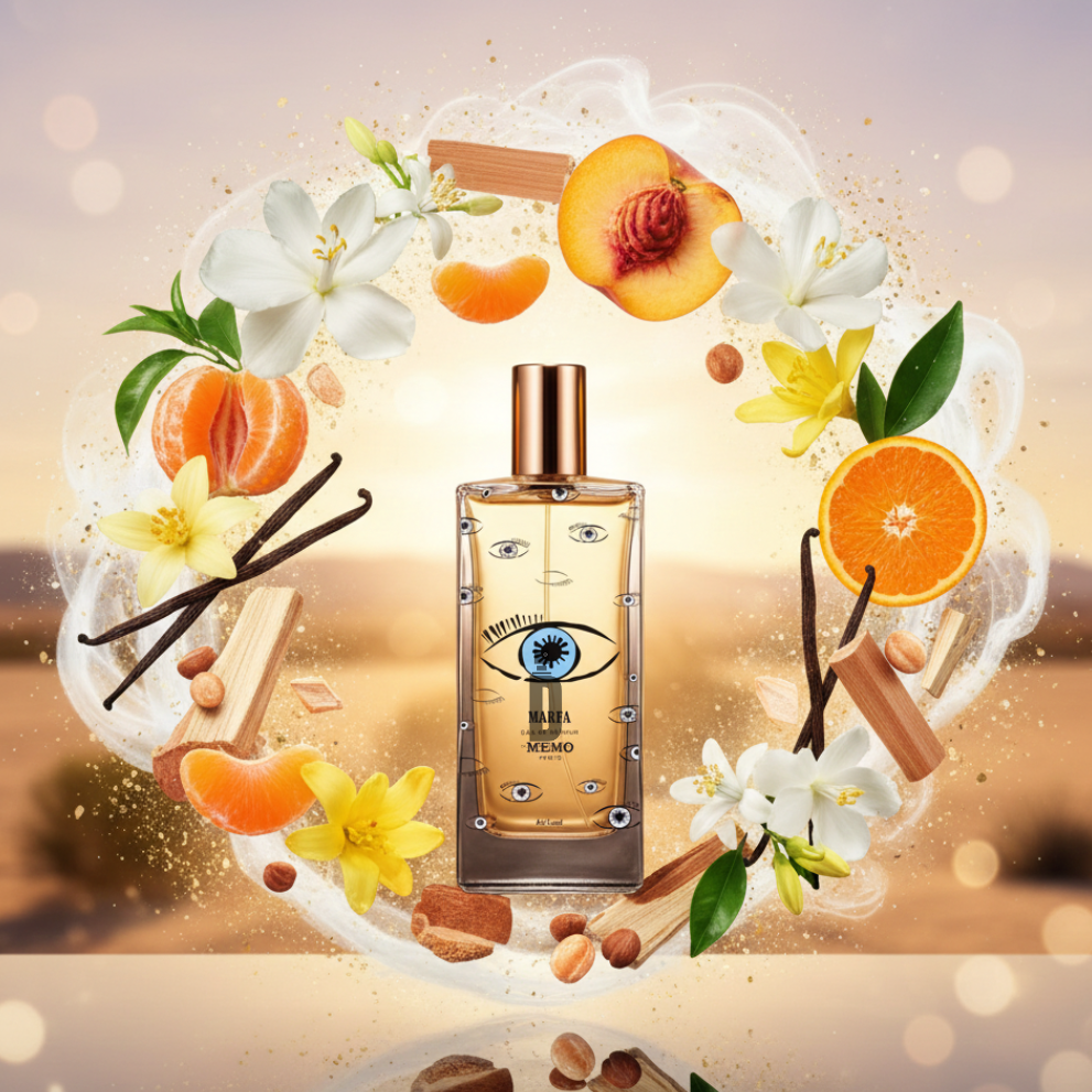 A bottle of Marfa 75ml EDP by Memo Paris is encircled by floating vanilla pods, almonds, orange and peach slices, white tuberose flowers, and sandalwood against a glowing backdrop that suggests warmth and luxury.