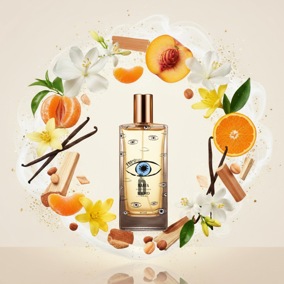The Marfa 75ml EDP by Memo Paris, featuring eye motifs on the bottle, is displayed against a soft beige background with floating notes of peach, orange, tuberose, vanilla, white flowers, green leaves, and sandalwood.