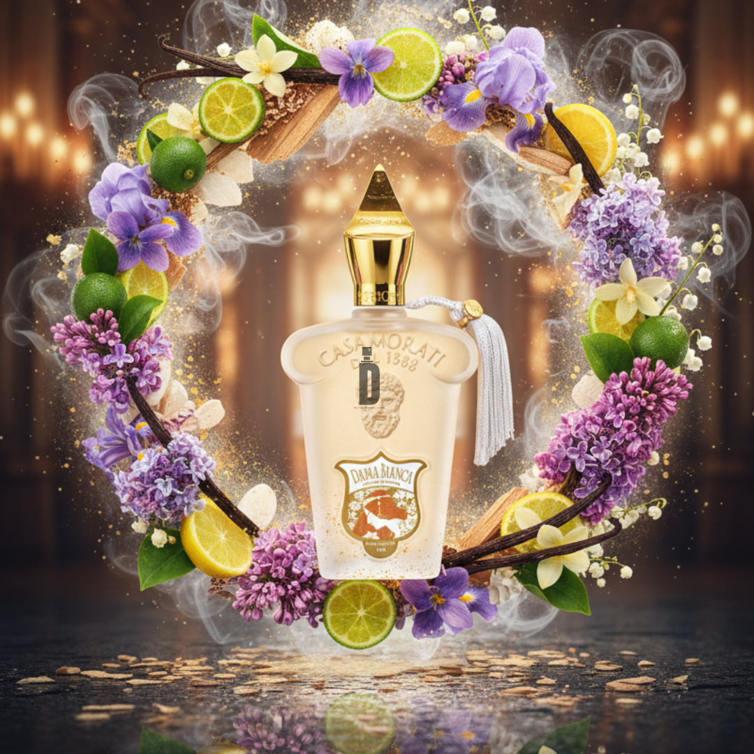 The Dama Bianca 100ml EDP by Xerjoff features a gold-capped bottle with a tassel, surrounded by purple flowers, lime slices, and cinnamon sticks amid swirling mist on an elegantly lit background.