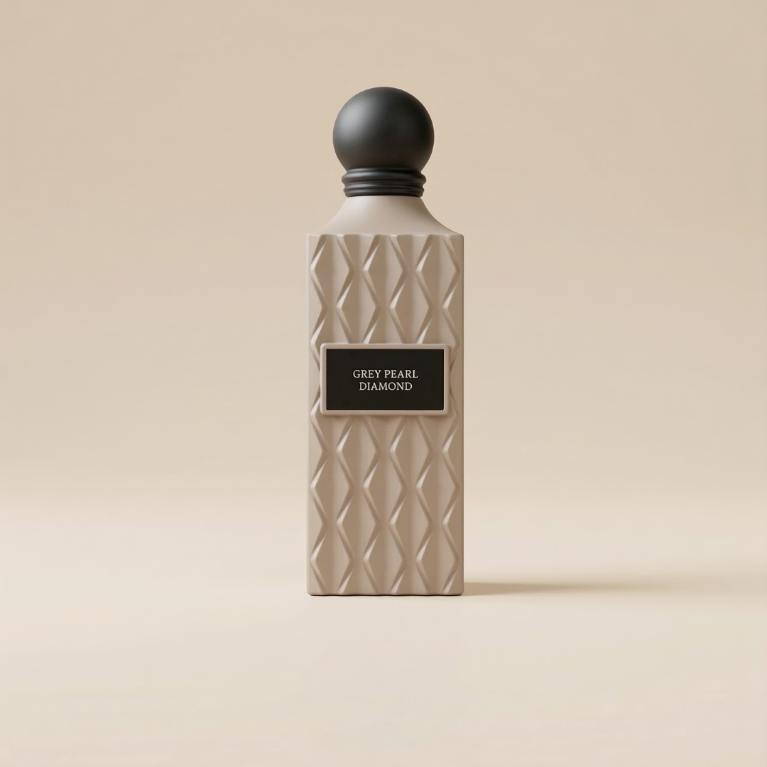 The Grey Pearl Diamond 150ml EDP by Ahmed Al Maghribi features a beige, diamond-textured bottle with a black rounded cap and "GREY PEARL DIAMOND" label, elegantly displayed against a neutral backdrop.