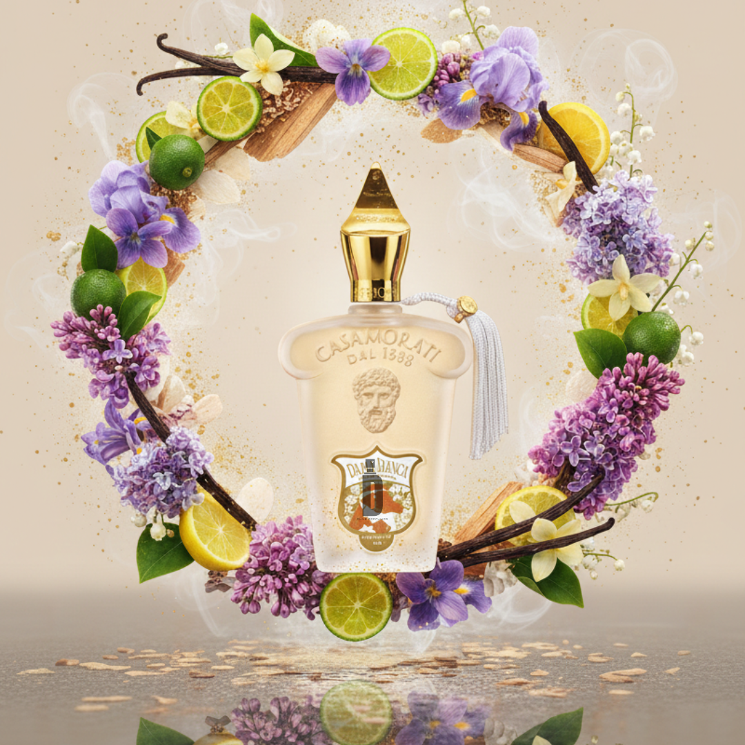A luxurious Xerjoff Dama Bianca 100ml EDP bottle is centered, surrounded by purple lilacs, yellow lemons, lime slices, vanilla beans, cinnamon sticks, and white flowers—evoking a fresh floral-citrus fragrance.