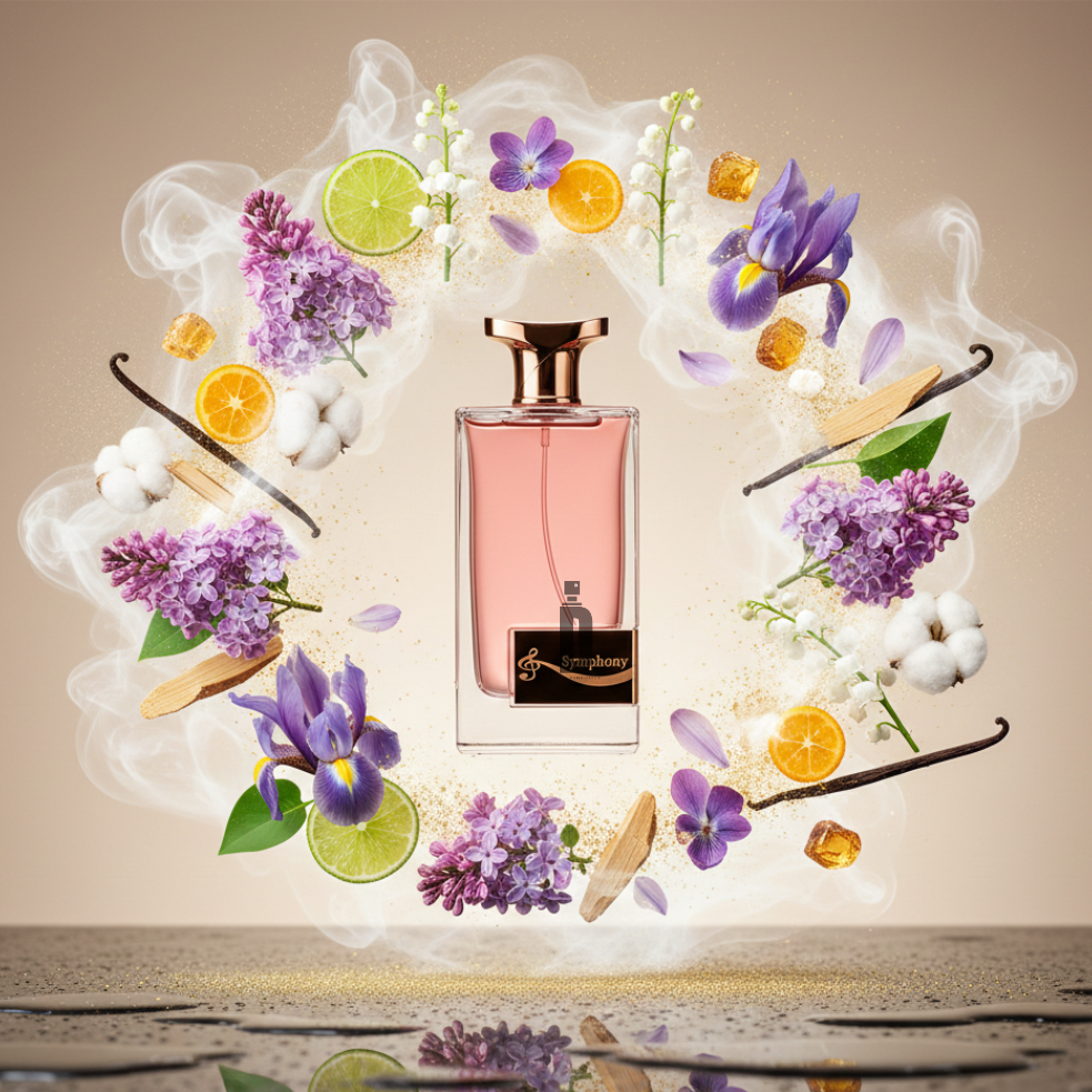 The Symphony 100ml EDP by Aurora Scents is showcased on a reflective surface, encircled by swirling mist, purple flowers, lime slices, vanilla pods, cotton, and caramel pieces.