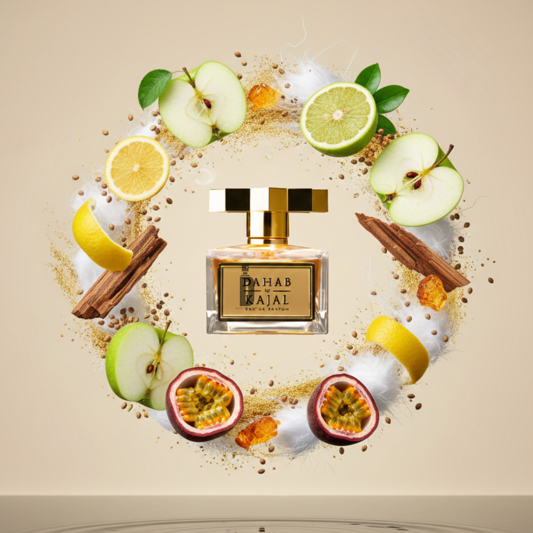 A bottle of Kajal’s Dahab 100ml EDP is surrounded by floating green apple, lemon, lime slices, cinnamon sticks, passionfruit, spices, and green leaves set against a beige background.