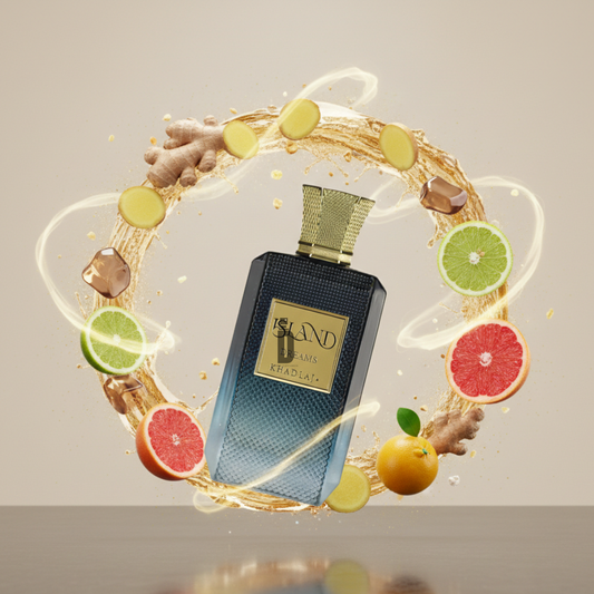 The Island Dreams 100ml EDP by Khadlaj features a tropical blend of lime, grapefruit, ginger, and orange, delivering a refreshing perfume experience with vibrant citrus and spicy notes.