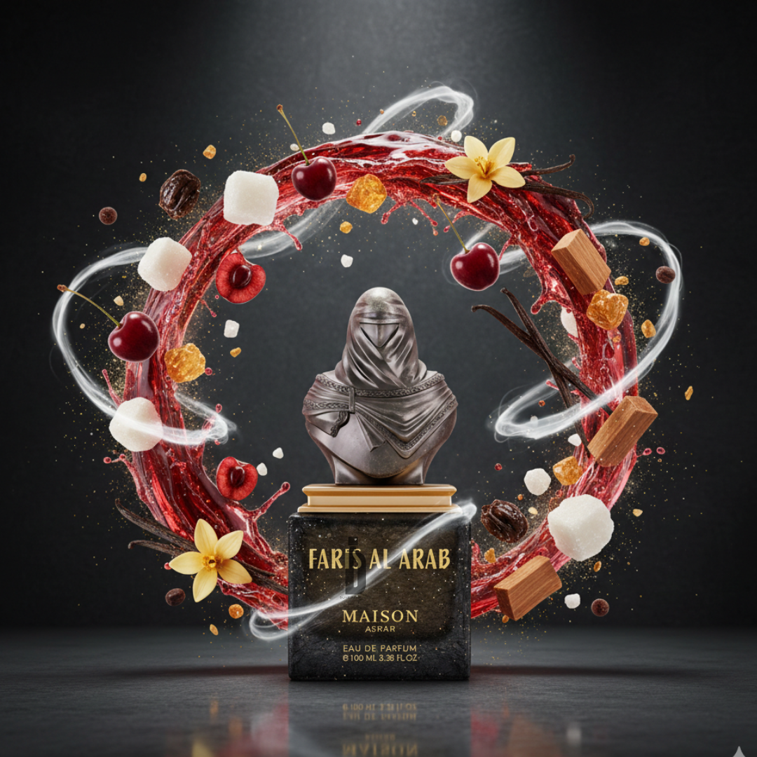 At the center, a perfume bottle with a sculpted bust cap is surrounded by cherries, sugar cubes, vanilla flowers, spices, and smoke—reflecting Faris Al Arab 100ml EDP by Gulf Orchid’s luxurious oriental scent and rich woody notes.