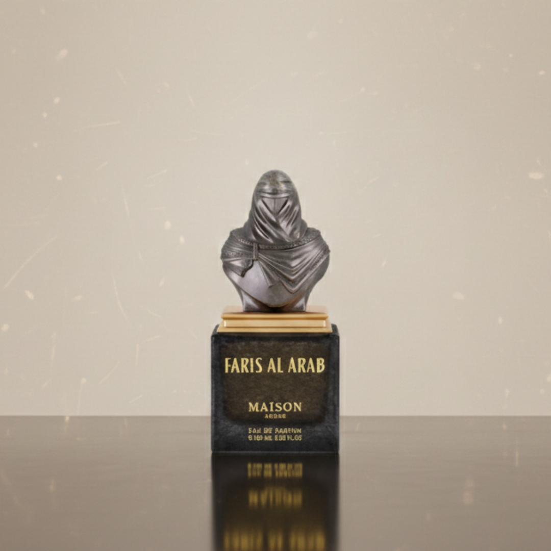 The Faris Al Arab 100ml EDP by Gulf Orchid (Maison Asrar), featuring a sculpted cap shaped like a robed figure, is displayed on a reflective surface with a light background, highlighting its luxurious oriental fragrance allure.