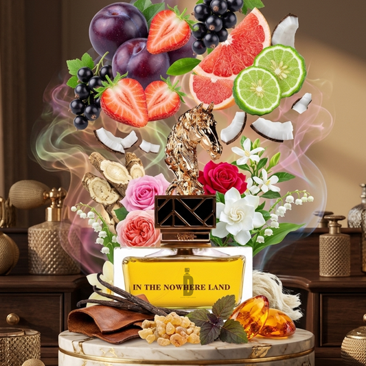 The "In The Nowhere Land 100ml EDP" by Aurora Scents rests on marble, amidst fruits, ginger, coconut, vanilla amber notes, and flowers. Colorful vapor encircles a golden unicorn that adorns this elegant floral perfume bottle.