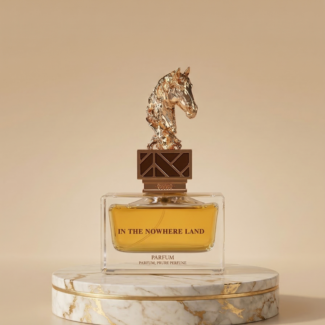 A golden-yellow perfume, In The Nowhere Land 100ml EDP by Aurora Scents, features an ornate gold horse head cap and elegant label, resting on marble against a soft beige backdrop—an imaginative floral fragrance experience.
