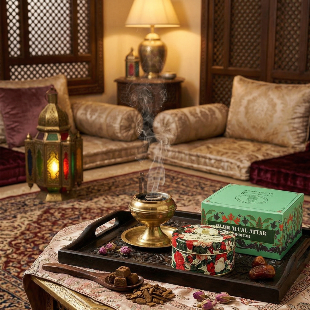 A cozy, ornate room features plush seating and patterned cushions. Incense smoke from a brass burner on a tray with decorative boxes and Al Haramain Oudh Ma'al Attar 40G fills the air with a rich, aromatic fragrance.