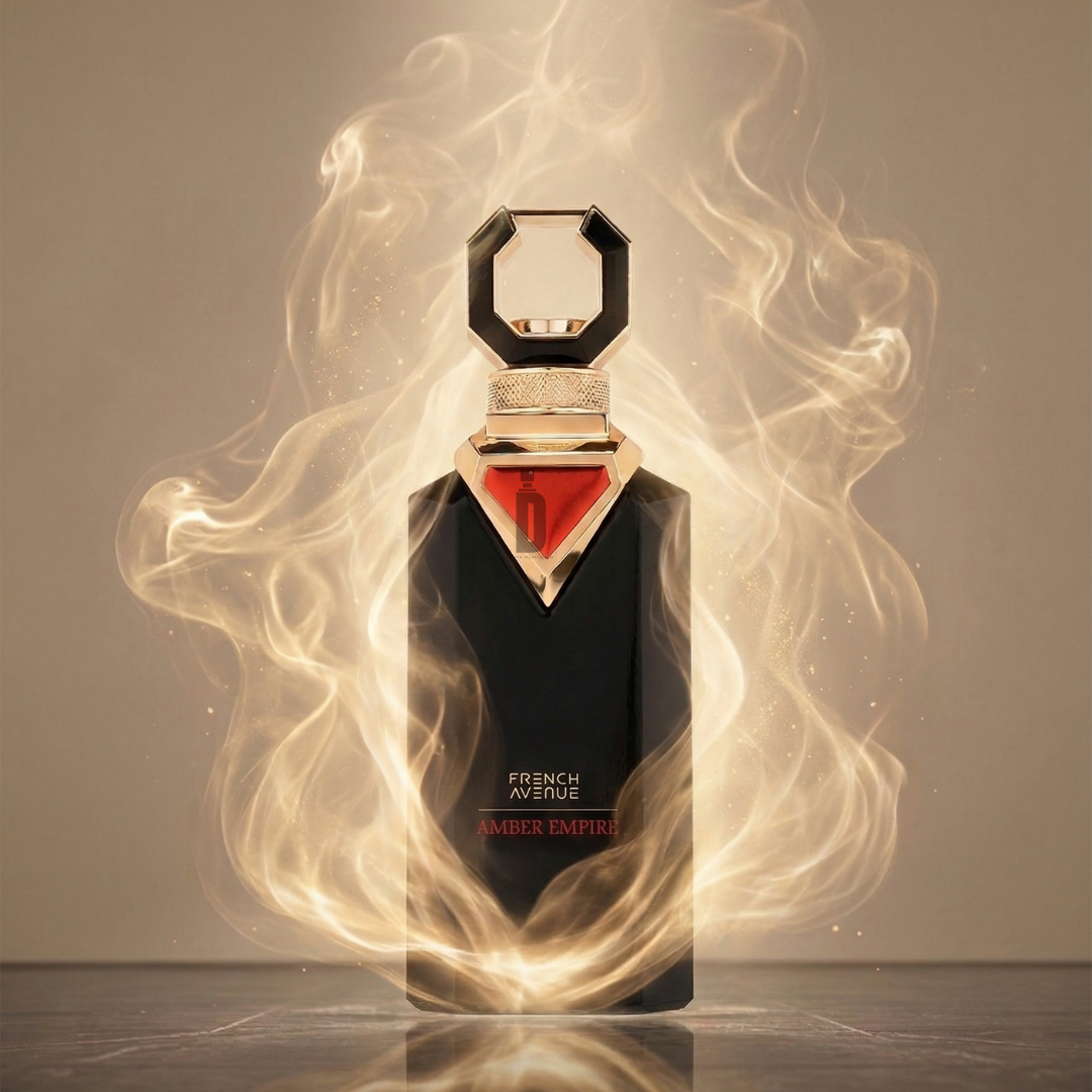 A luxurious 100ml bottle of Amber Empire EDP by Fragrance World, labeled "French Avenue," stands amid swirling golden mist, capturing its opulent essence against a neutral backdrop.