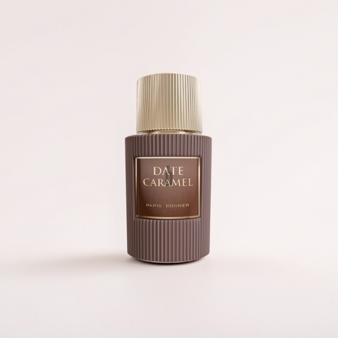 The 100ml Date Caramel EDP by Paris Corner features a ribbed-textured brown bottle with a gold cap against a beige background, exuding the captivating sweetness of "Date Caramel.