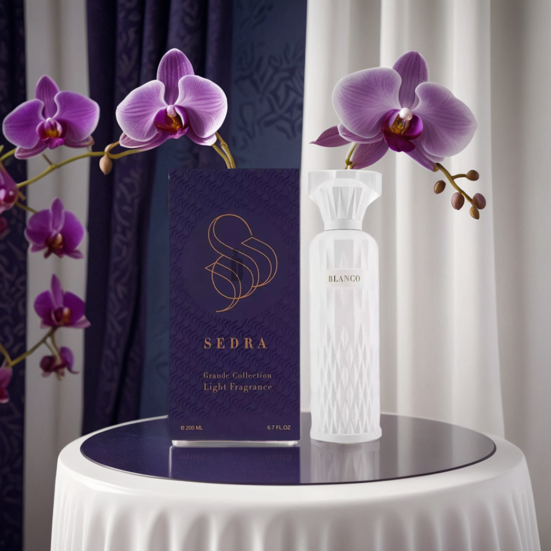 A white "Blanco 200ml EDP - Sedra" bottle sits on a reflective round surface near a tall dark purple box from the Sedra Grande Collection Light Fragrance, elegantly framed by purple orchids with green stems.