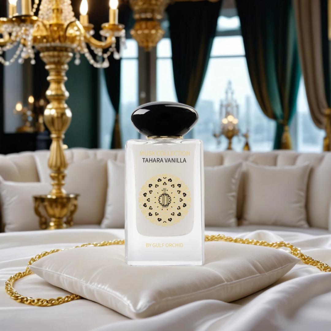 A 60ml EDP bottle from Gulf Orchid's Musk Collection Tahara Vanilla sits on a white pillow with a gold chain. Its scent permeates the plush room adorned with dark green curtains, a gold chandelier, and plush sofas, leaving traces of musk and vanilla in the air.