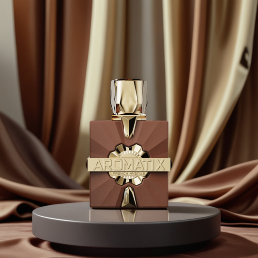 A luxurious Royal Taboo 100ml EDP by Fragrance World and French Avenue features a gold-capped, embossed brown rectangular bottle labeled "Aromatix." It sits regally on a round pedestal, with draped silky beige and brown fabric in the background enhancing its elegance.