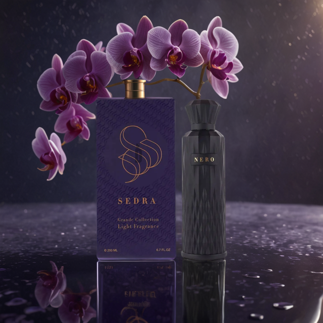 The Nero 200ml EDP by Sedra is elegantly showcased on a dewy reflective surface, exuding luxury. Purple orchids arch over the bottle against a softly blurred dark background, hinting at its seductive scent.