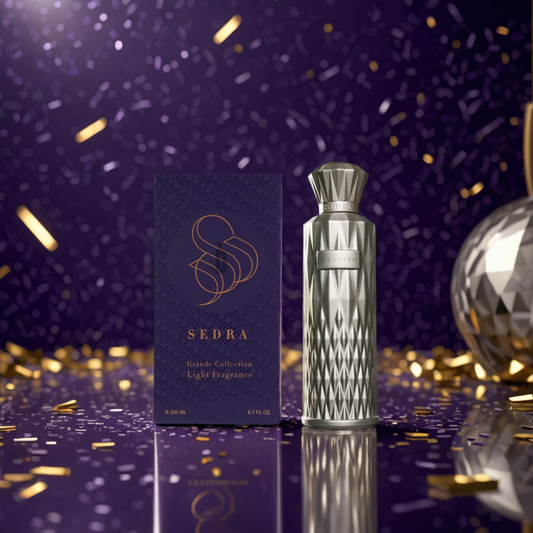 The Platino 200ml EDP by Sedra features a geometric perfume bottle beside a matching purple and gold box. Set against a dark purple backdrop with gold confetti and a decorative sphere, it exudes luxurious sandalwood notes, creating an opulent atmosphere.