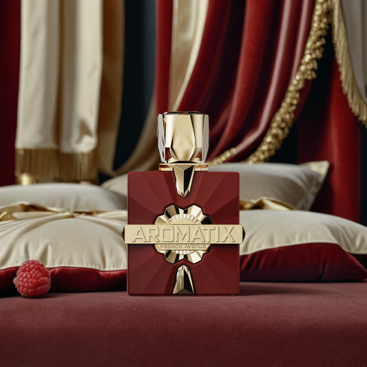 A luxurious Carnal Desire 100ml EDP bottle from Fragrance World rests on velvet with elegant curtains behind. The red and gold design, featuring intricate details, proudly displays "Aromatix," while a raspberry hints at its rich, sensual fragrance, capturing pure carnal desire.