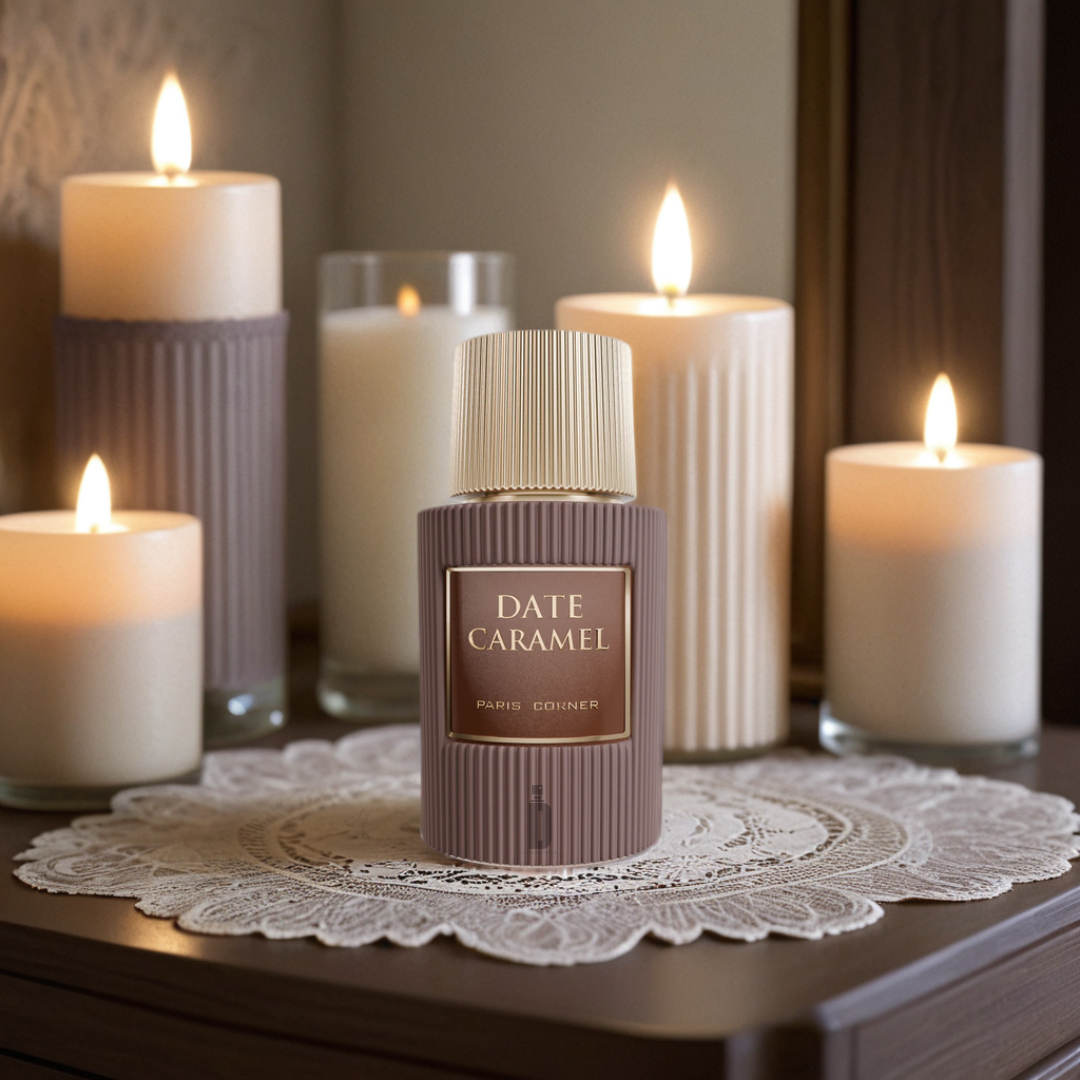 A 100ml bottle of Paris Corner's Date Caramel EDP sits on a doily, surrounded by lit candles, releasing a sweet fragrance that creates a warm and inviting ambiance.