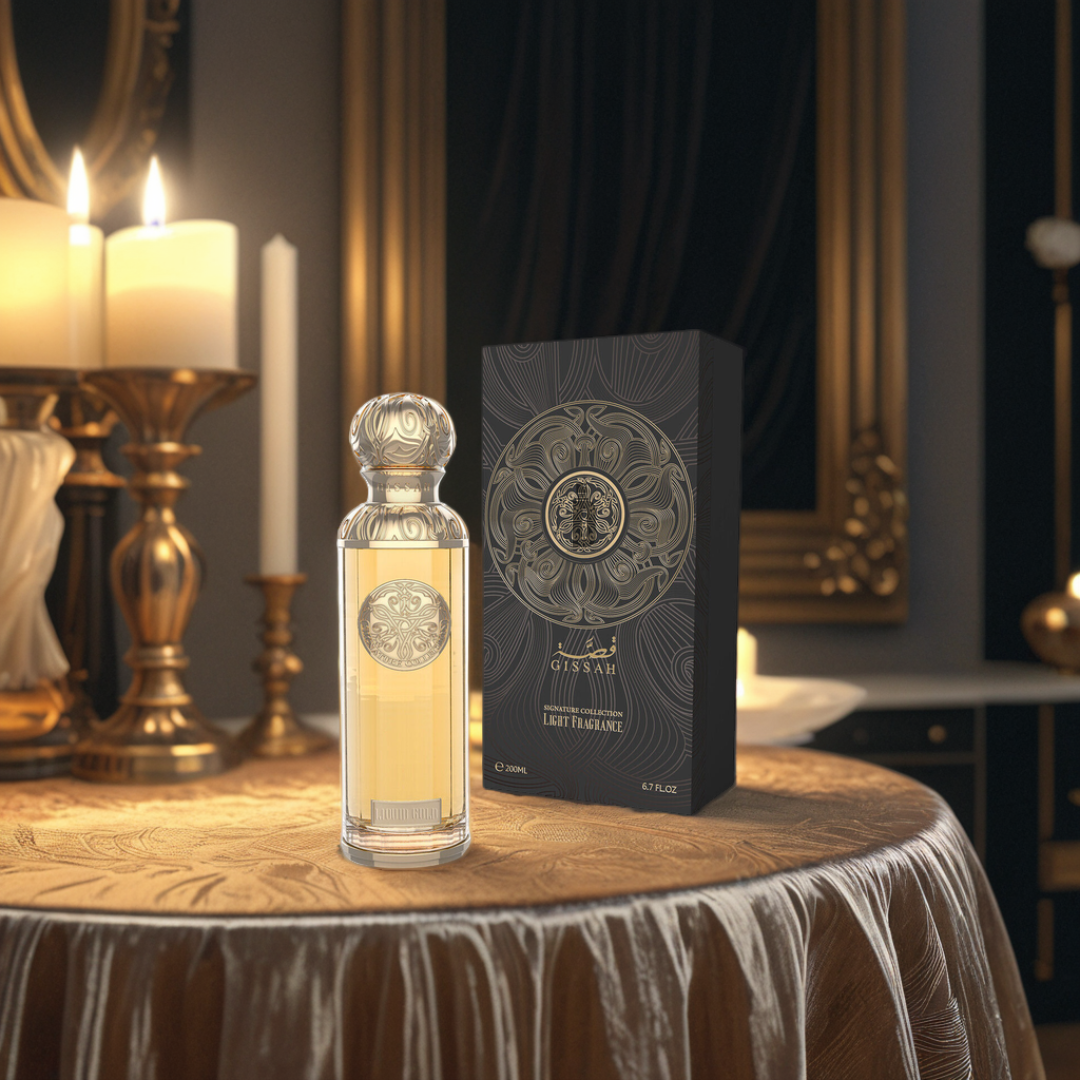 A 200ml bottle of Liquid Gold EDP by Gissah with an intricate design rests on a table draped in brown cloth, exuding its oud essence. Its matching box stands nearby. Lit candles and a mirror adorn the elegant, dimly lit room.